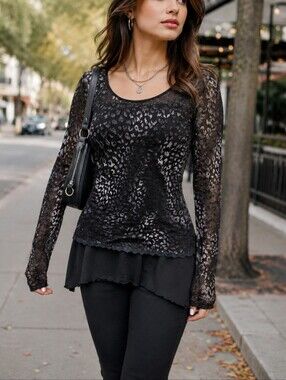 Boo Radley Black Layered Animal Print Long Sleeve Top Sheer Mesh Y2K Fall Casual